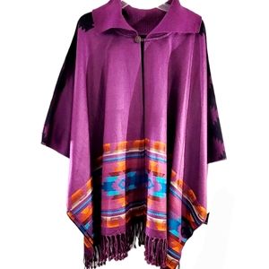 Ecuadorian Clothing Company Aztec Open Front Fringe‎ Hem Poncho O/S